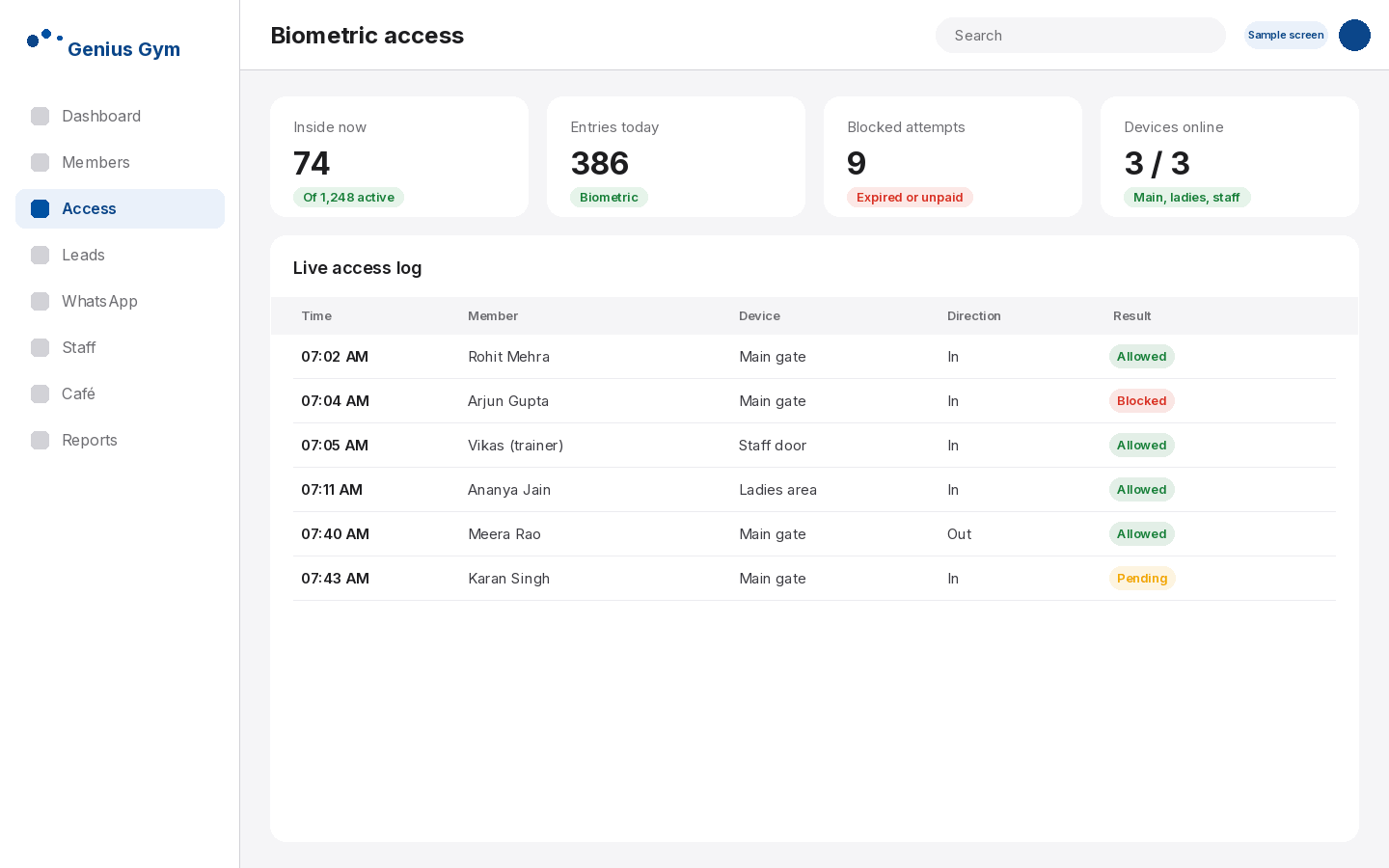 Gym Genius live biometric access log showing allowed and blocked entries