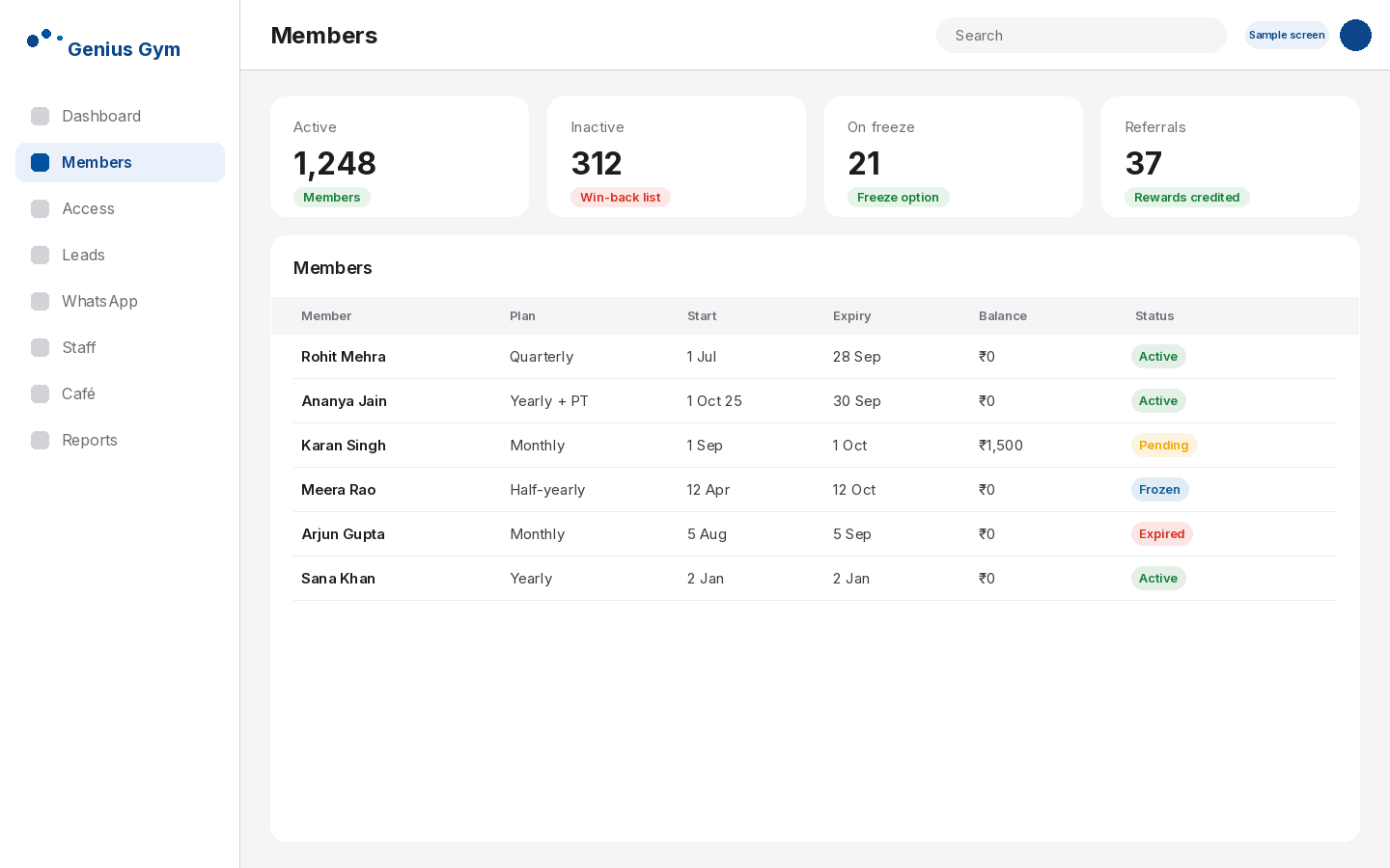 Gym Genius member list with plans, expiry dates, balances and freeze status
