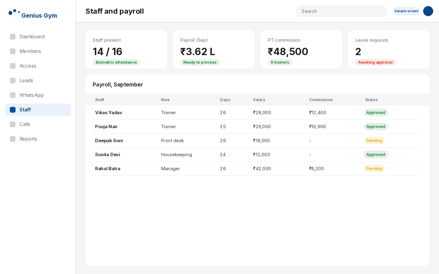 Gym Genius staff payroll with attendance days, salary and trainer commission